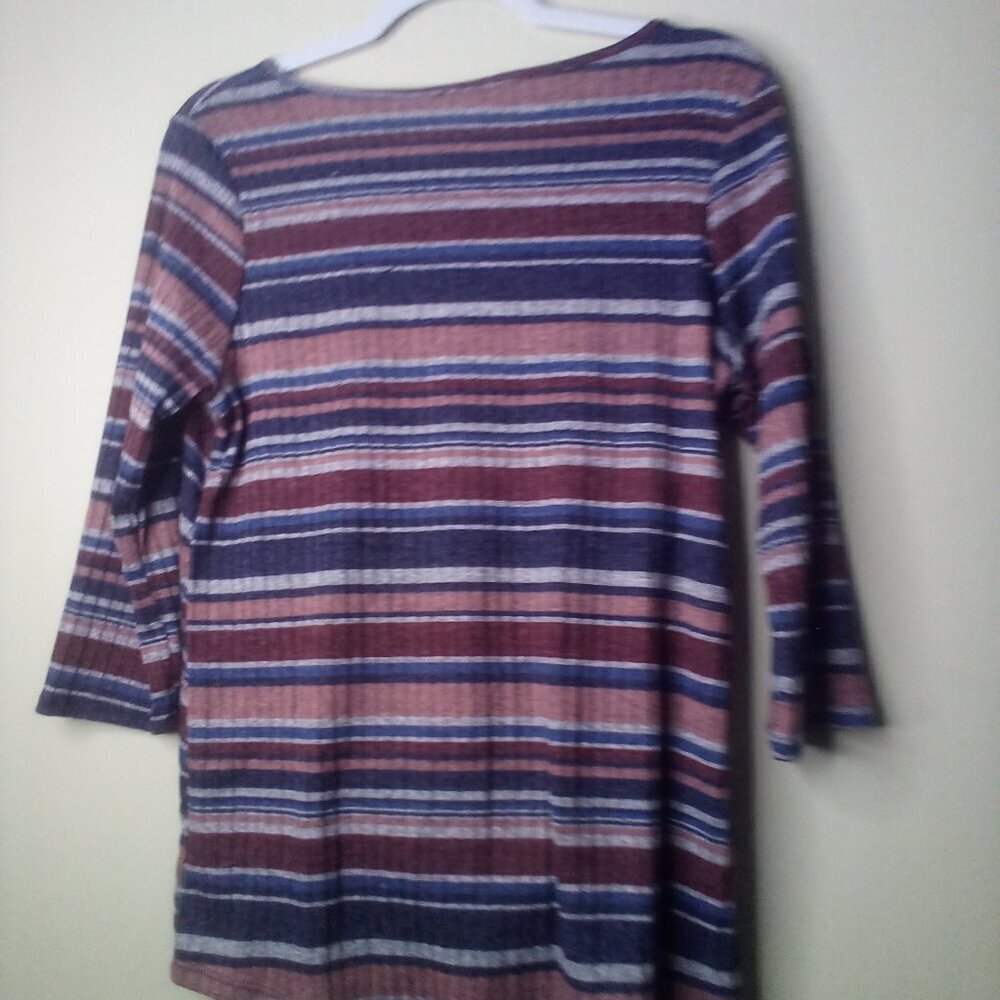 Another Reason Shirt Blouse L 3/4 Sleeve Tie Detail Ribbed Stripe Blue Red - Picture 6 of 14
